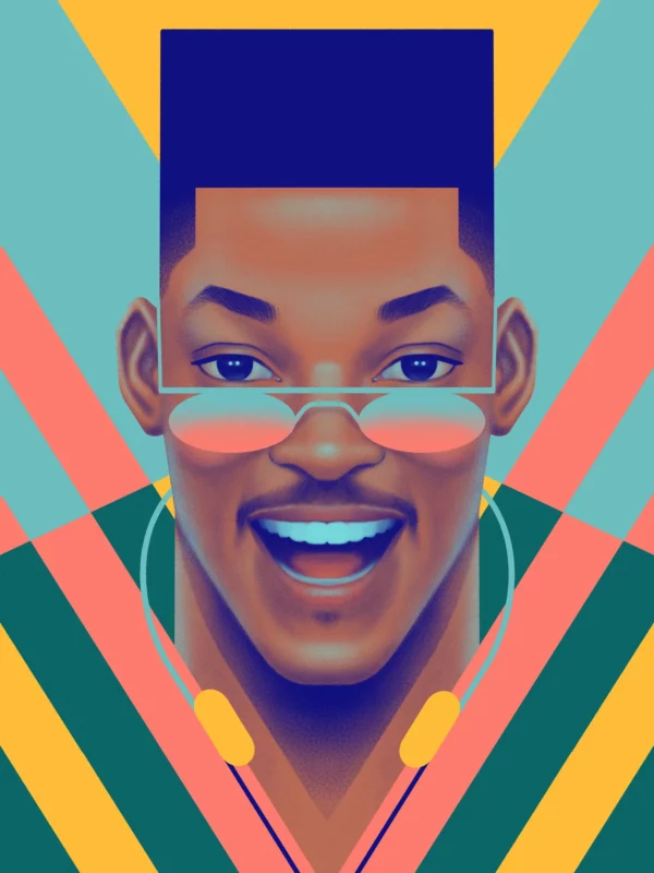 Will Smith, limited edition pop art print by Samy Halim – Will Smith smiling with a flat-top haircut and gold chain on a colorful geometric background